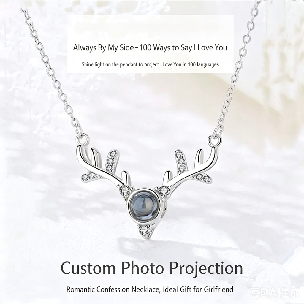Personalized Photo Projection Necklace – Antler Silver Pendant with Cubic Zircon, 100+ Hidden Love Messages, Romantic Birthday Gift for Her