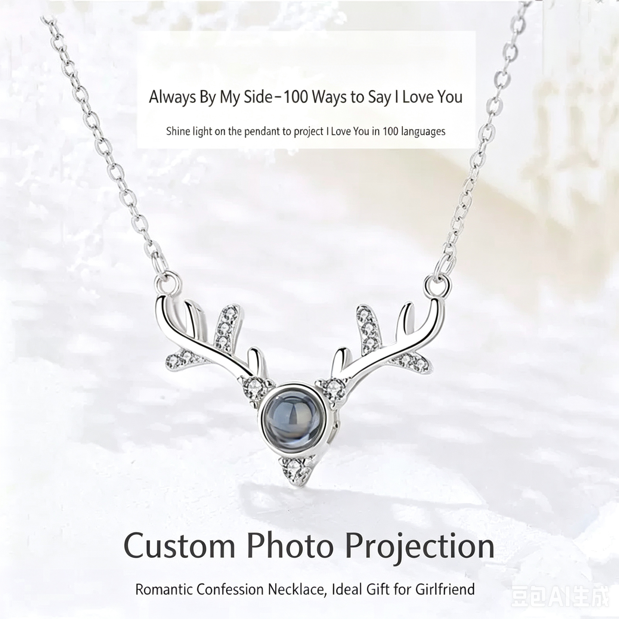 Personalized Photo Projection Necklace – Antler Silver Pendant with Cubic Zircon, 100+ Hidden Love Messages, Romantic Birthday Gift for Her