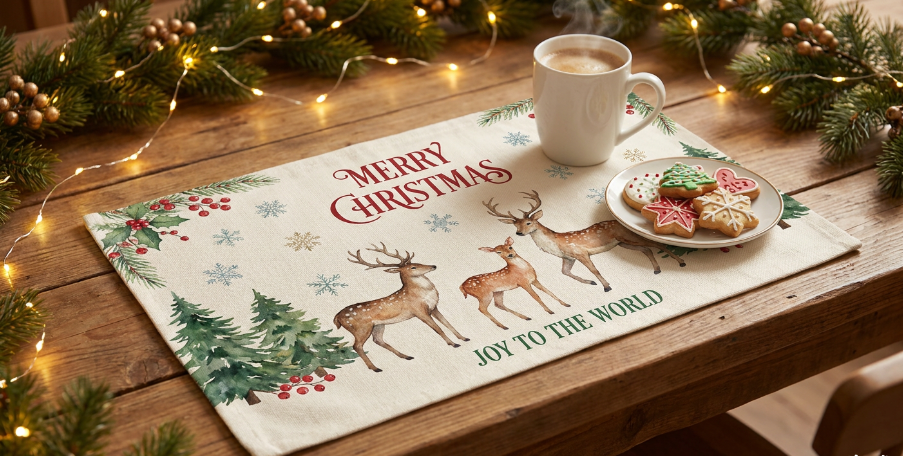 Custom Logo Linen Placemats – Heat-Resistant with Personalized Holiday Print, Ideal for Home & Restaurant Table Decor