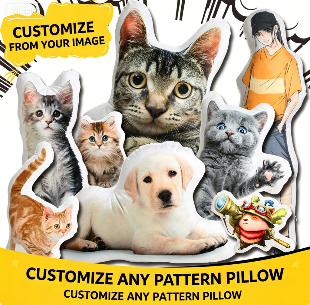 Custom Shaped Photo Pillow – Personalized Plush Cushion with Cartoon Pet Design, Company Logo Available, Great for Home Decor & Gifts