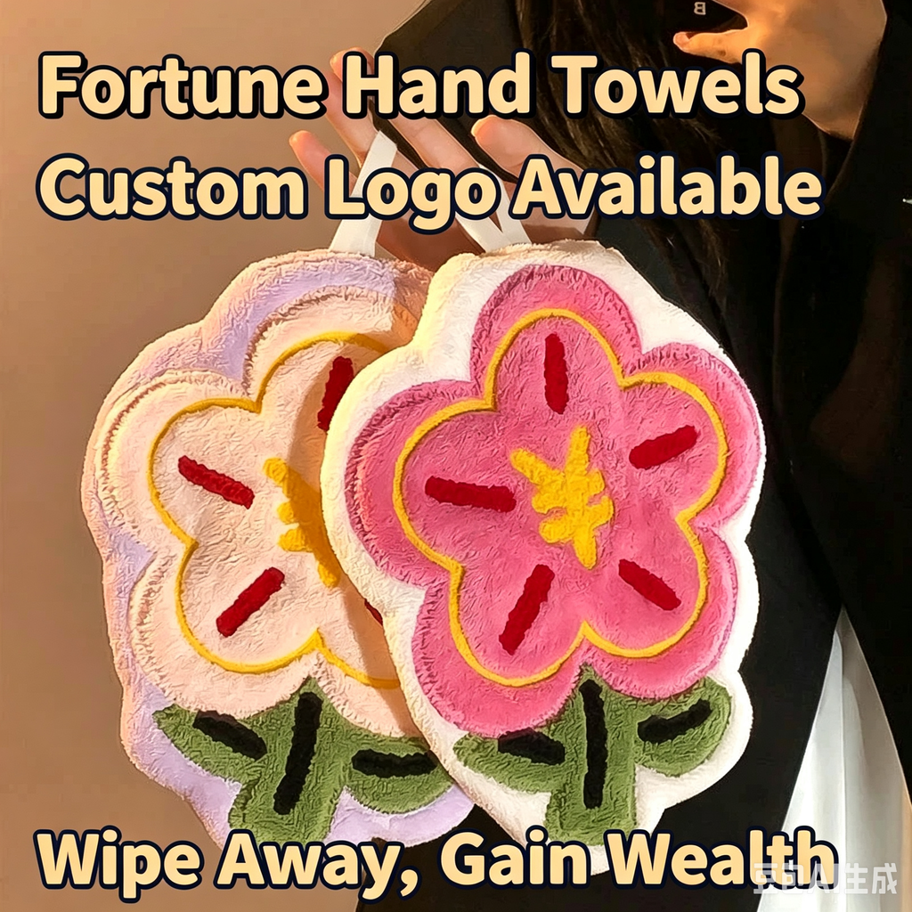 Personalized Embroidered Hanging Towel – Coral Fleece Cartoon Flower, Fast-Drying with Custom Logo, Ideal for Home & Restaurant