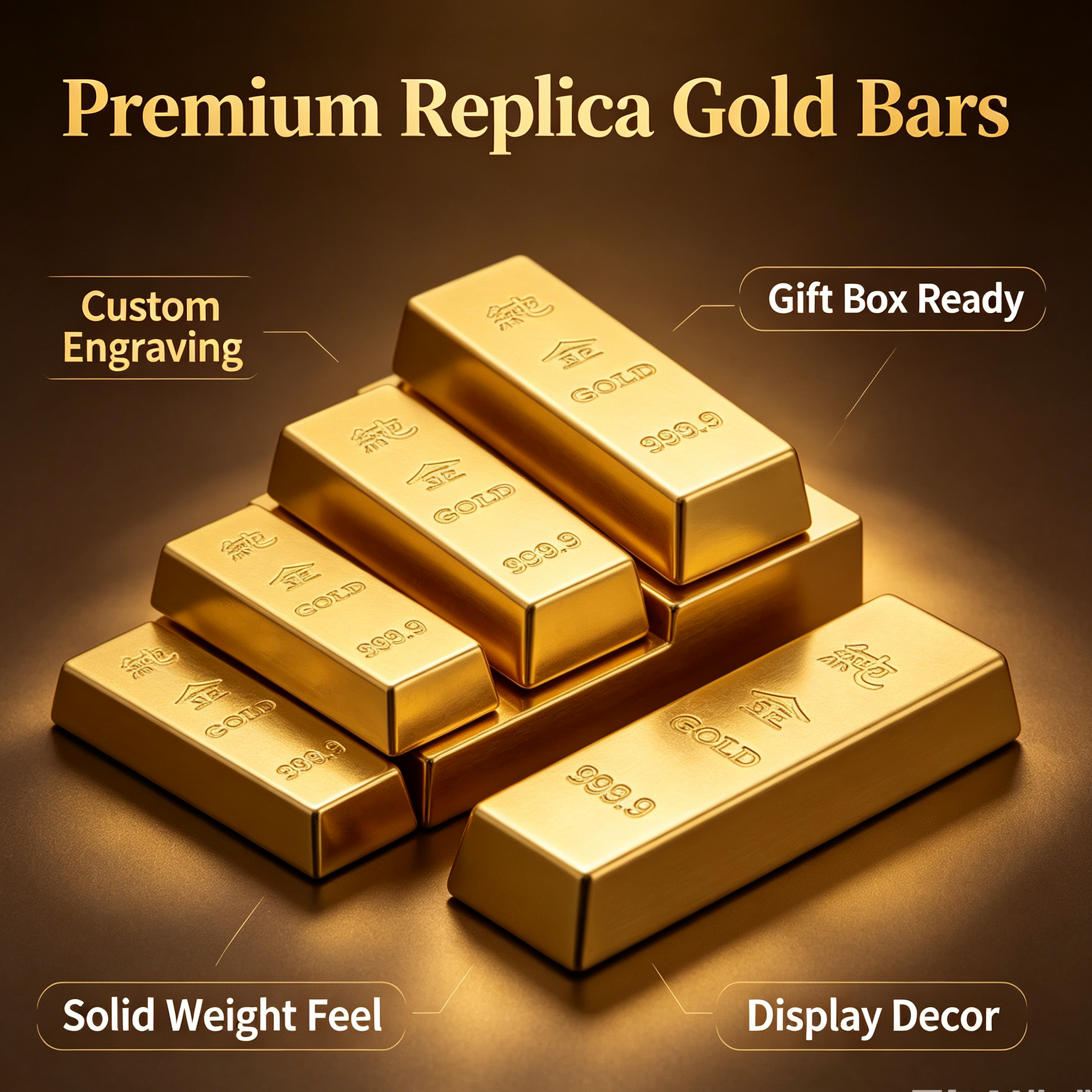Custom Engraved Gold-Plated Bullion Bar – Glossy 999.9 Finish, Multiple Sizes, Ideal Desk Decor for Housewarming & Business Gifts
