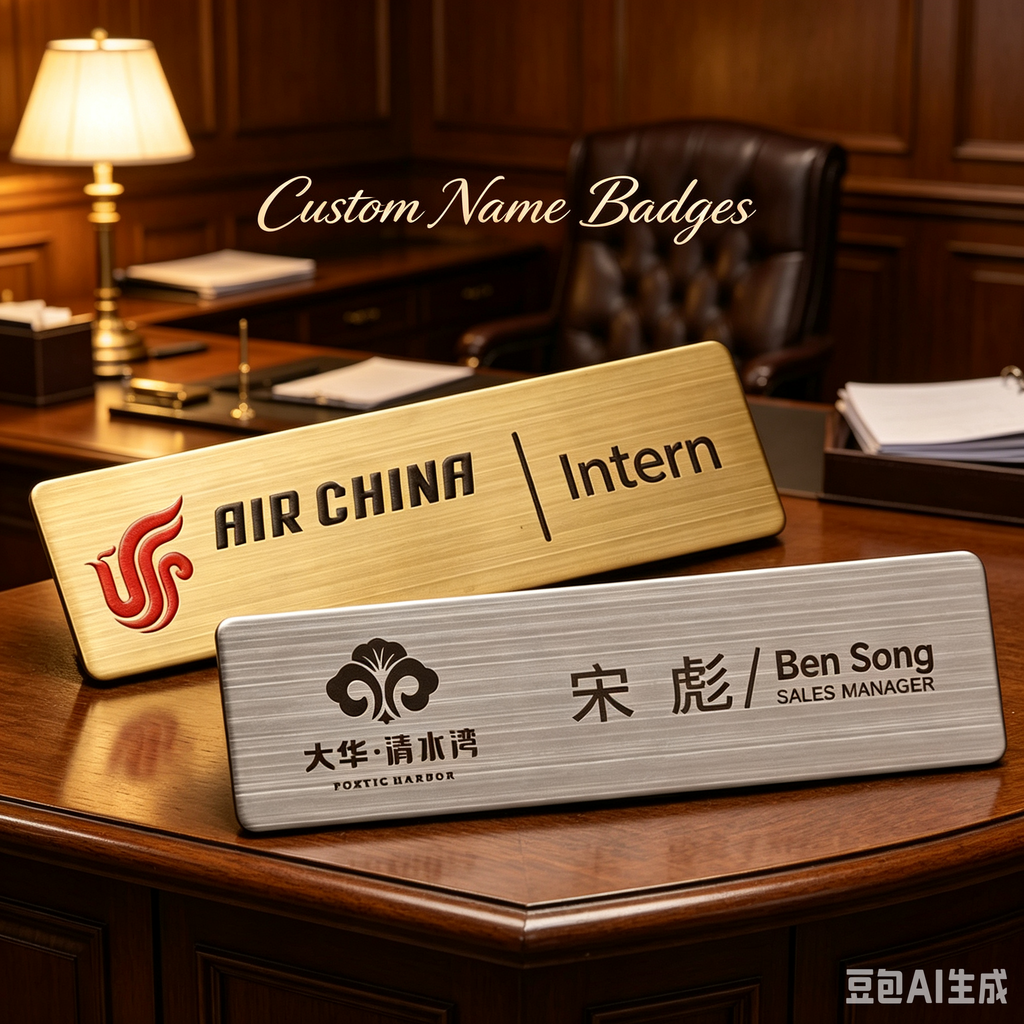 Custom Name Badge – Gold-Plated Stainless Steel with Pin Back, Employee ID Tag for Office & Corporate