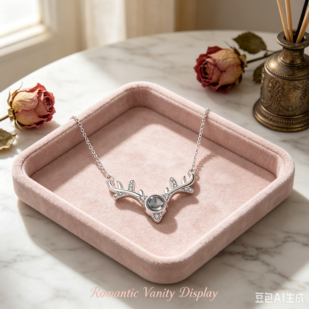 Personalized Photo Projection Necklace – Antler Silver Pendant with Cubic Zircon, 100+ Hidden Love Messages, Romantic Birthday Gift for Her