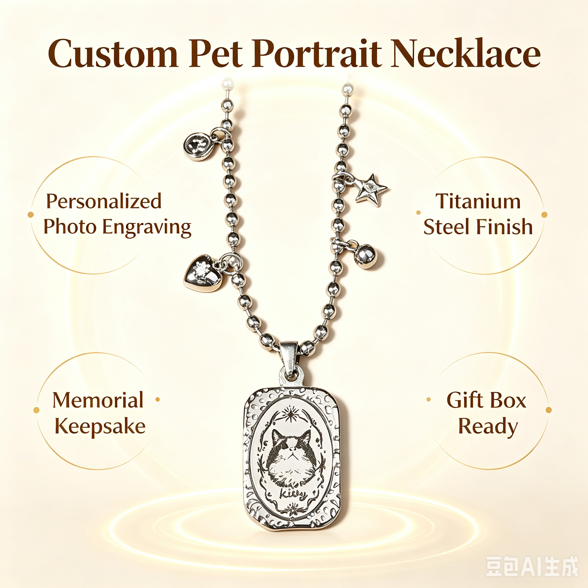 Custom Engraved Pet Portrait Necklace – Antique Silver Tag on Retro Ball Chain with Heart & Star Charms – Ideal Gift for Pet Lovers