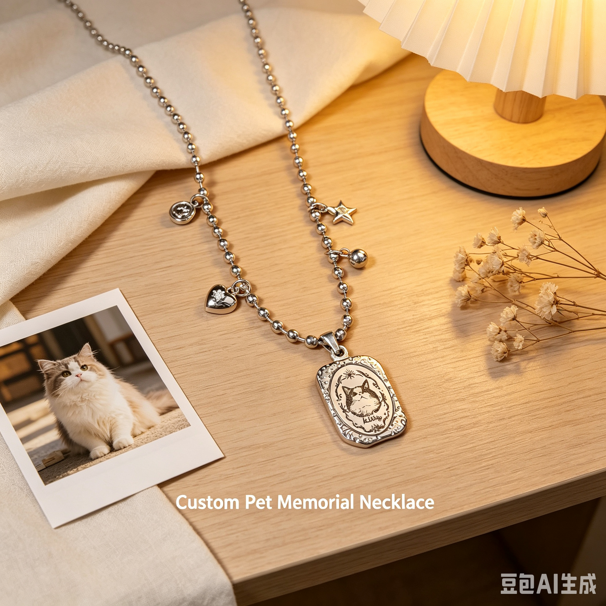 Custom Engraved Pet Portrait Necklace – Antique Silver Tag on Retro Ball Chain with Heart & Star Charms – Ideal Gift for Pet Lovers
