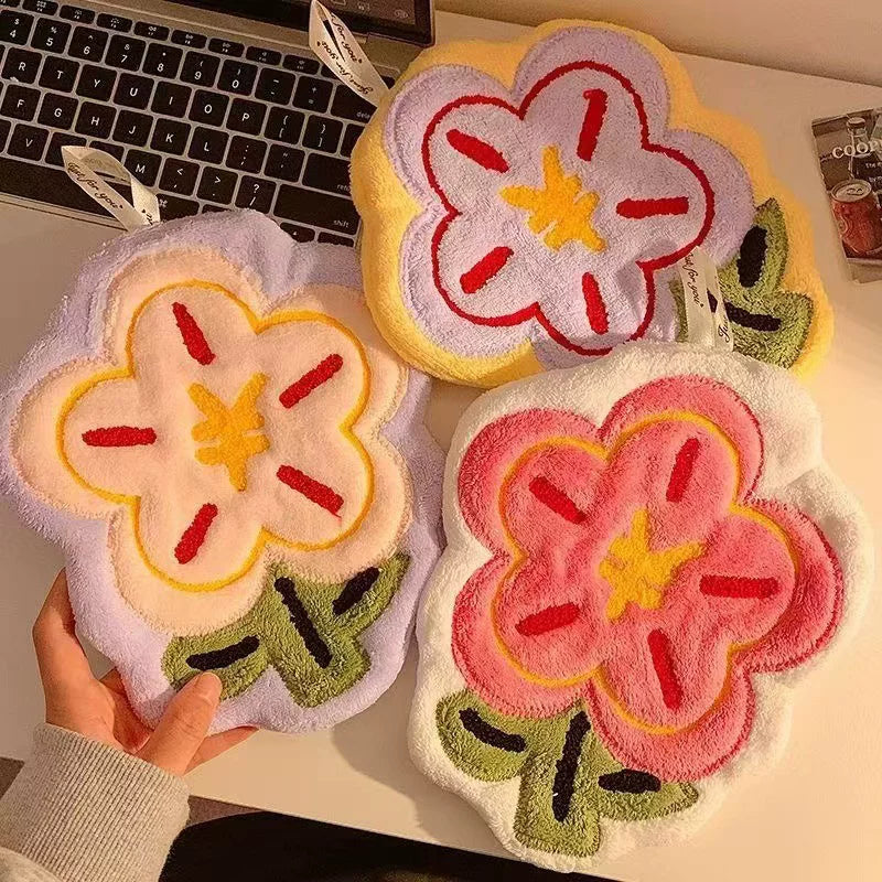Personalized Embroidered Hanging Towel – Coral Fleece Cartoon Flower, Fast-Drying with Custom Logo, Ideal for Home & Restaurant