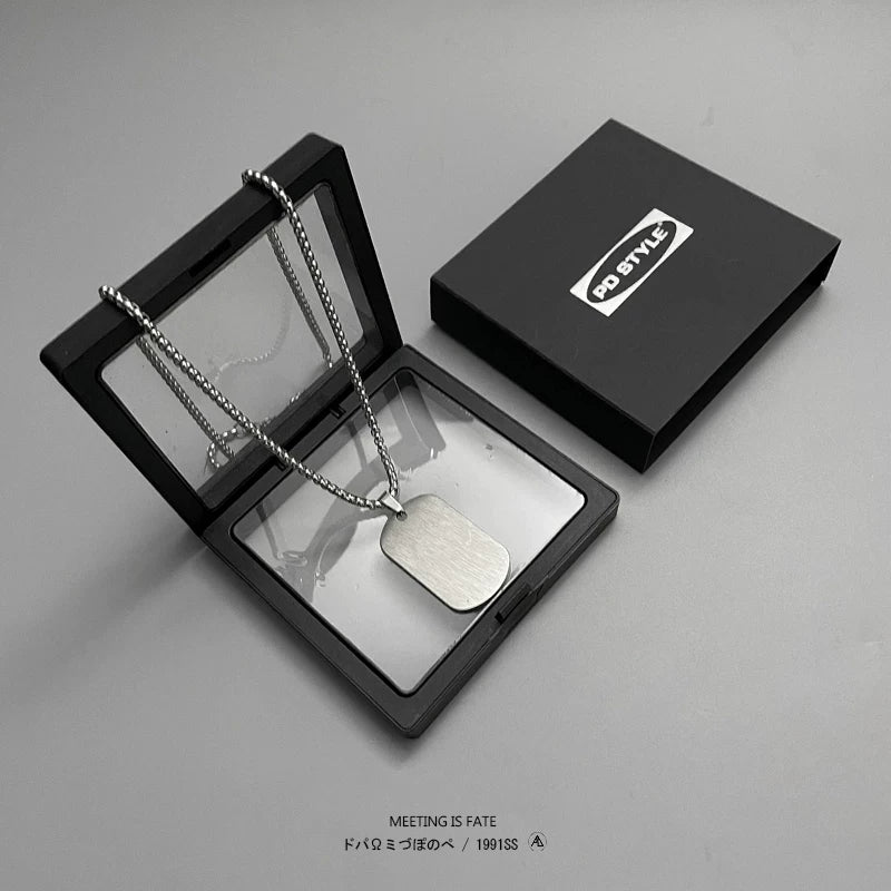 Custom Engraved Double Square Dog Tag Pendant – Titanium Steel Necklace with Matte Gunmetal Box Chain, Layered Style, Ideal Couple Gift for Streetwear