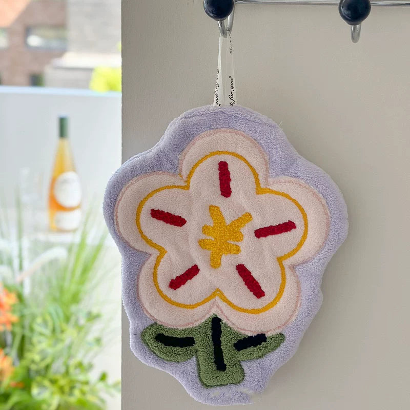 Personalized Embroidered Hanging Towel – Coral Fleece Cartoon Flower, Fast-Drying with Custom Logo, Ideal for Home & Restaurant