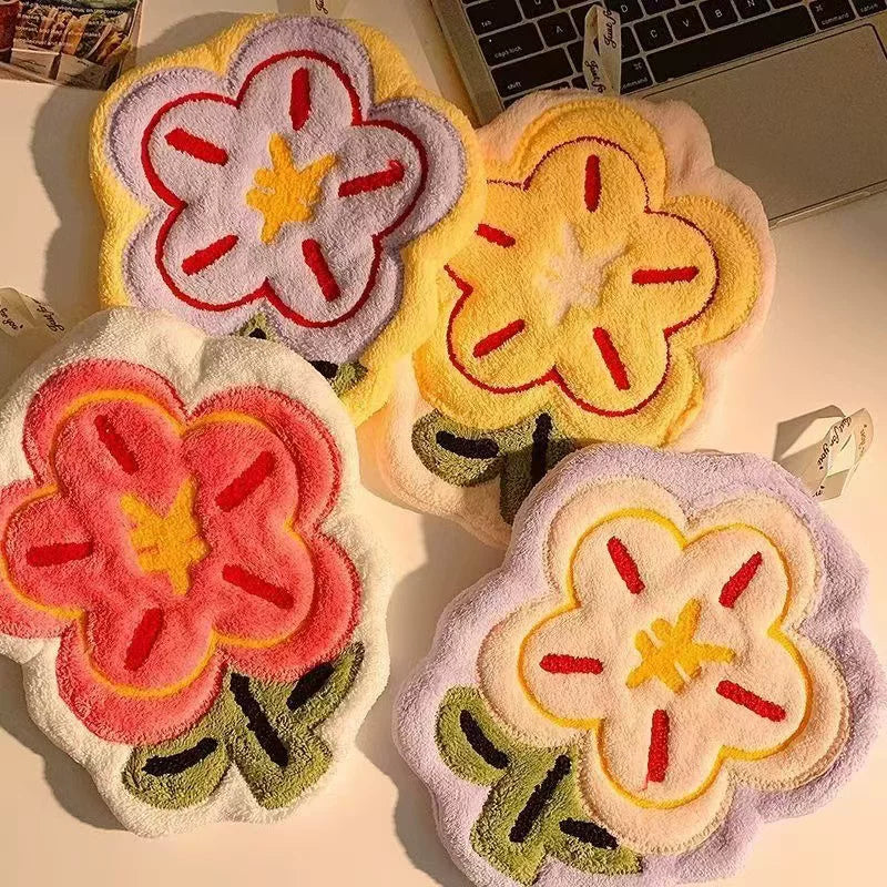 Personalized Embroidered Hanging Towel – Coral Fleece Cartoon Flower, Fast-Drying with Custom Logo, Ideal for Home & Restaurant