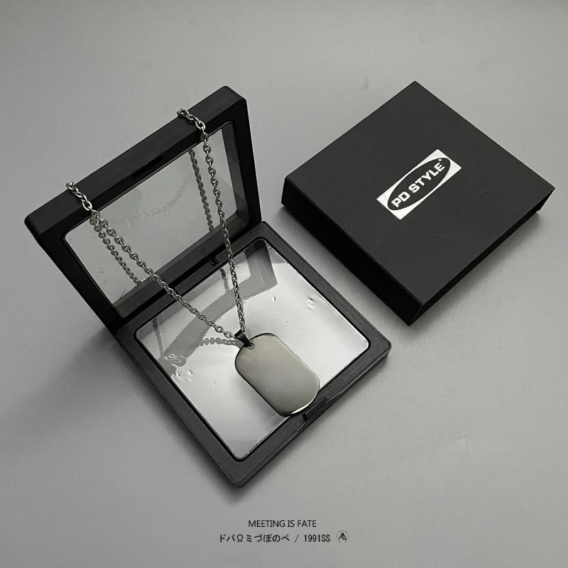 Custom Engraved Double Square Dog Tag Pendant – Titanium Steel Necklace with Matte Gunmetal Box Chain, Layered Style, Ideal Couple Gift for Streetwear