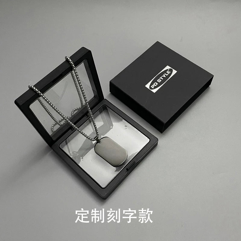 Custom Engraved Double Square Dog Tag Pendant – Titanium Steel Necklace with Matte Gunmetal Box Chain, Layered Style, Ideal Couple Gift for Streetwear