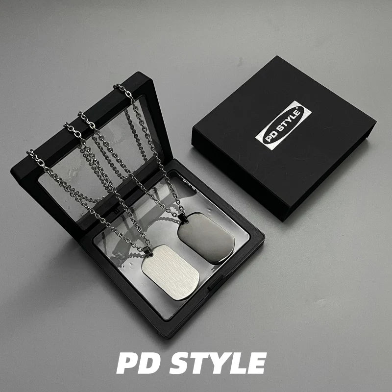 Custom Engraved Double Square Dog Tag Pendant – Titanium Steel Necklace with Matte Gunmetal Box Chain, Layered Style, Ideal Couple Gift for Streetwear