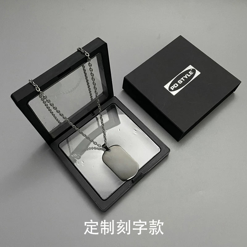 Custom Engraved Double Square Dog Tag Pendant – Titanium Steel Necklace with Matte Gunmetal Box Chain, Layered Style, Ideal Couple Gift for Streetwear