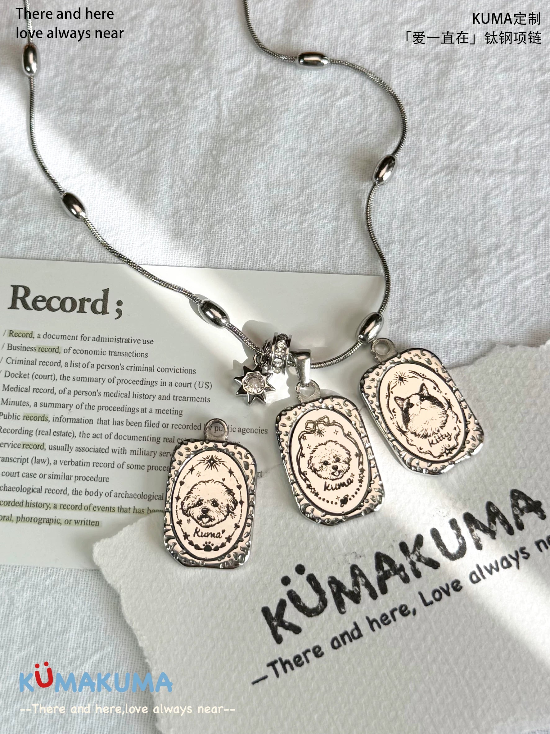 Custom Engraved Pet Portrait Necklace – Antique Silver Tag on Retro Ball Chain with Heart & Star Charms – Ideal Gift for Pet Lovers
