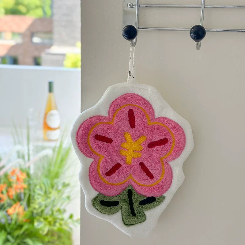 Personalized Embroidered Hanging Towel – Coral Fleece Cartoon Flower, Fast-Drying with Custom Logo, Ideal for Home & Restaurant