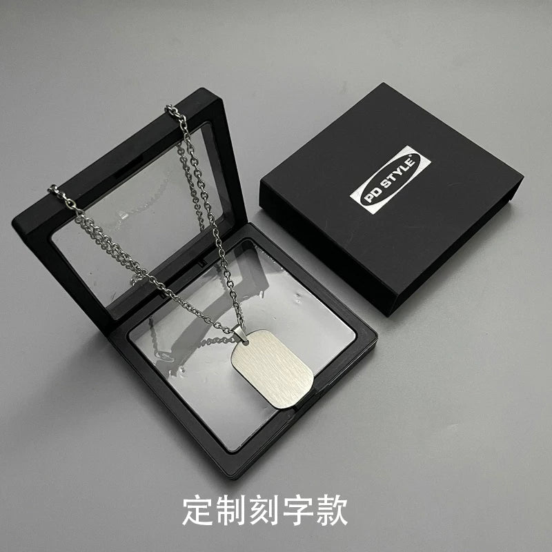 Custom Engraved Double Square Dog Tag Pendant – Titanium Steel Necklace with Matte Gunmetal Box Chain, Layered Style, Ideal Couple Gift for Streetwear