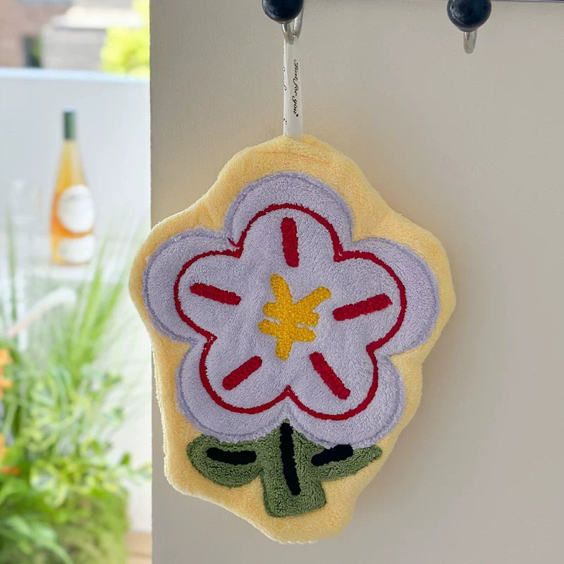 Personalized Embroidered Hanging Towel – Coral Fleece Cartoon Flower, Fast-Drying with Custom Logo, Ideal for Home & Restaurant