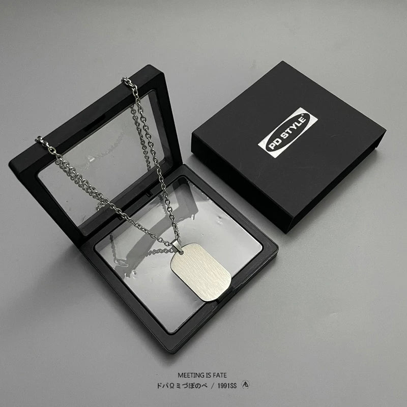 Custom Engraved Double Square Dog Tag Pendant – Titanium Steel Necklace with Matte Gunmetal Box Chain, Layered Style, Ideal Couple Gift for Streetwear