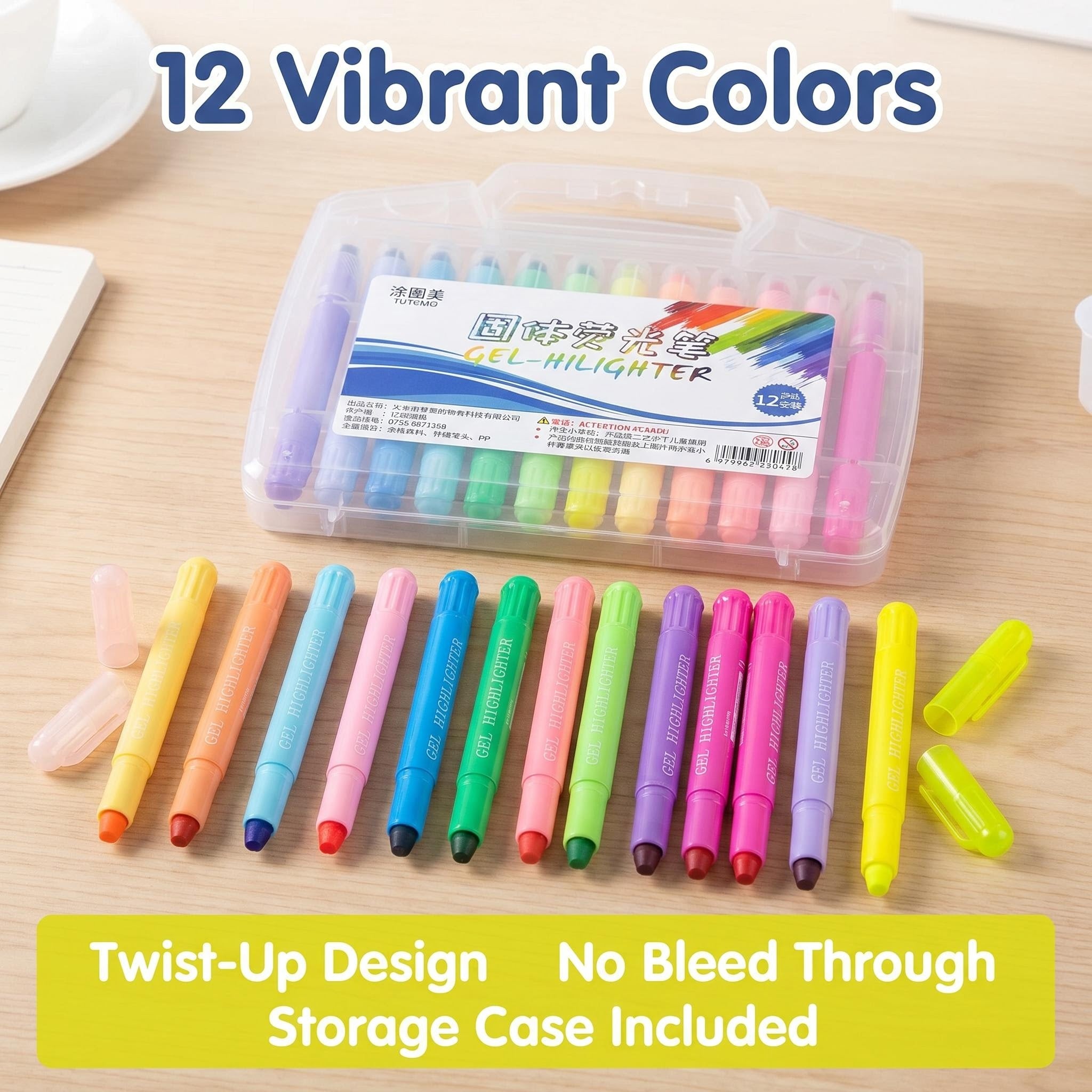 Erasable Gel Highlighter Pen – 12-Color Twist Design, Water-Soluble, Ideal for Drawing, Journaling & Study, Wholesale for Students & Kids